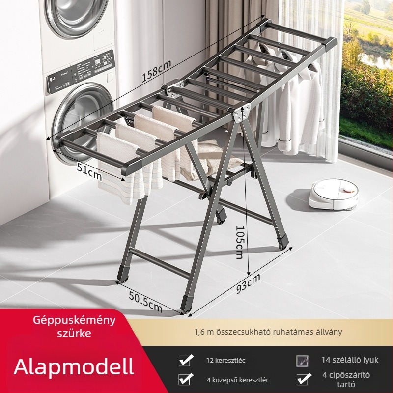 Önálló állványos ruhaszárító, alumíniumötvözetből, összecsukható, szárny alakú dizájn, modern minimalista stílus