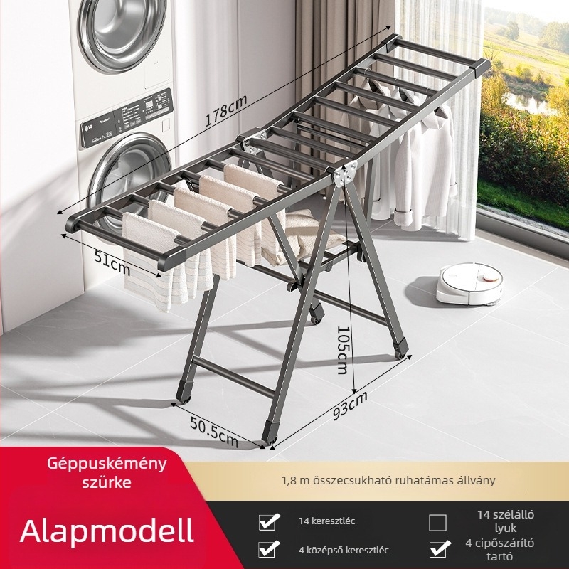Önálló állványos ruhaszárító, alumíniumötvözetből, összecsukható, szárny alakú dizájn, modern minimalista stílus