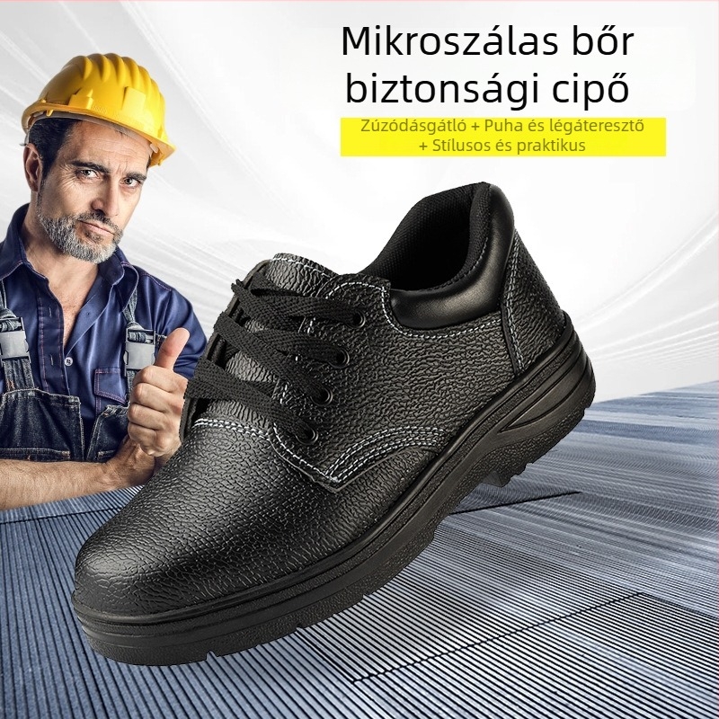 Férfi munkavédelmi cipő acélorrúval, mikroszálas bőr, lélegző gumi talppal, négy évszakos védelem építkezéseken, ütésálló és átszúrás elleni