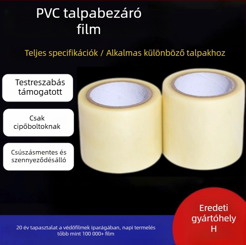 PVC cipőtalpvédő fólia, 0,1 mm vastagság, magas viszkozitás, 30 m hossz, 50–180 mm szélesség, védelem a szennyeződés és a csúszás ellen
