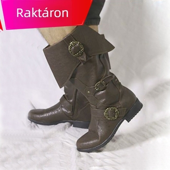 Cosplay bőrcsizma – középkori Viking/Norse stílus, PU felső rész, gumírozott talp, magas szár, kerek orr, 3–5 cm sarok