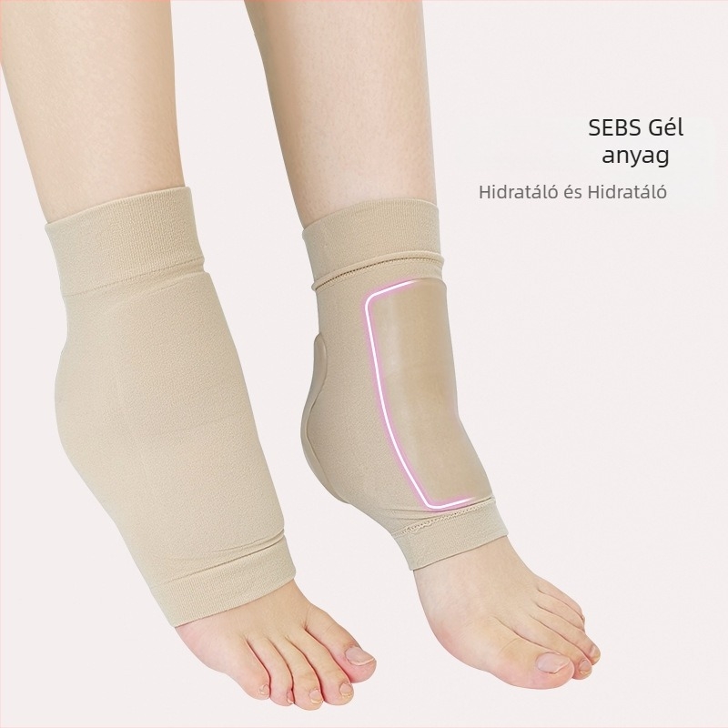 Bokavédő zokni gél sarokkal, tök alakú SEBS dizájn, hidratáló és repedés elleni védelem futáshoz; anyagok: SEBS, nylon, spandex, Oak Silk