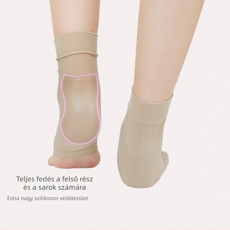 Bokavédő zokni gél sarokkal, tök alakú SEBS dizájn, hidratáló és repedés elleni védelem futáshoz; anyagok: SEBS, nylon, spandex, Oak Silk