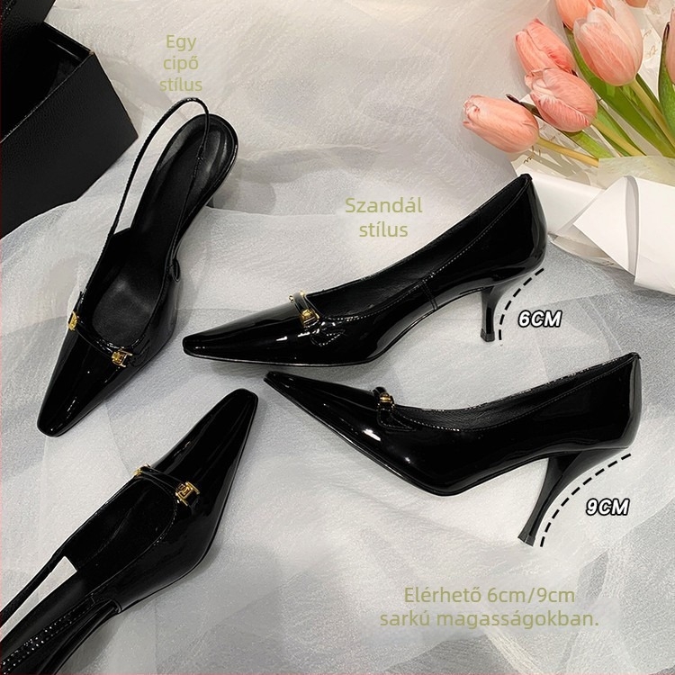 Női cipő hegyes orrú és strasszos, felsőréteg marhabőr, belső bőr, sarokmagasság 6-8 cm
