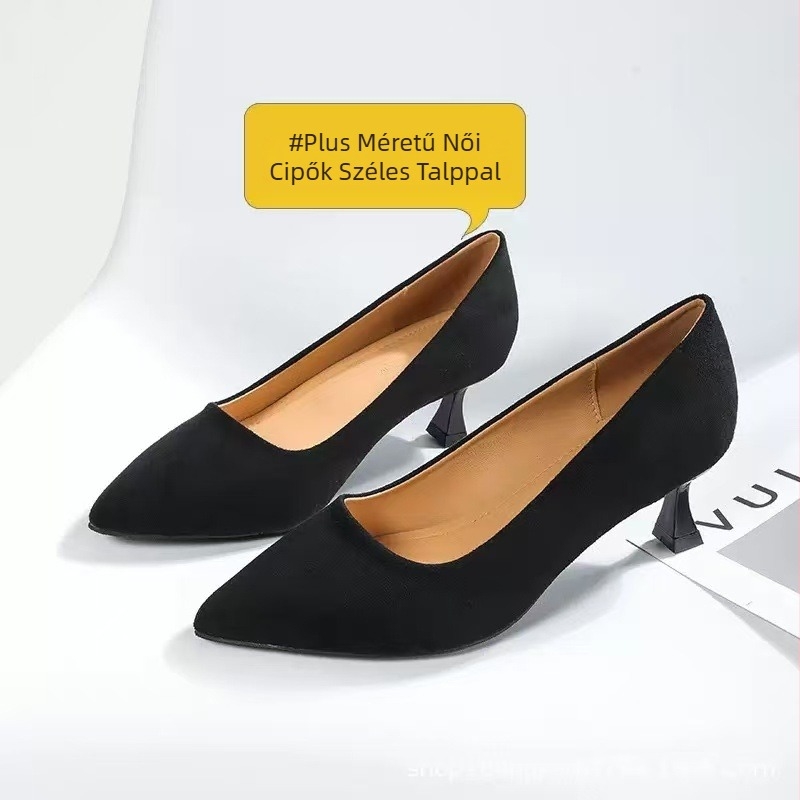Női cipő hegyes orrú, középső sarokkal, mikroszálas felsőrész és bélés, gumírozott talp, slip-on