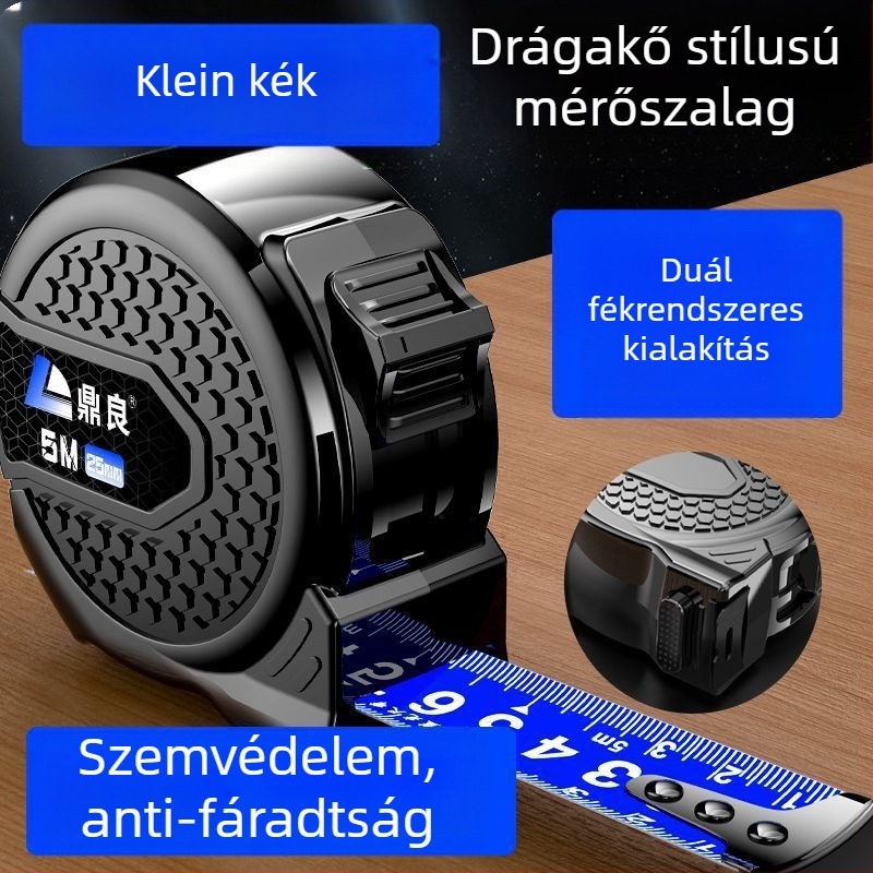Mérőszalag szélesített tokos és vastagabb házú kivitel, nagy pontosságú mérőszalag, dupla fék mechanizmus