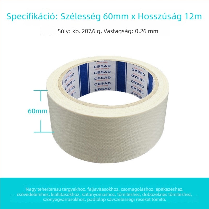 Textil alapú, egyoldalas javító szalag, vízálló és nedvességálló, falak javítására és felületek tömítésére; hossz 12 m; szélesség 20-100 mm; alapanyag: polietilén + szövött rost; vastagság 0,026 mm; erős tapadás