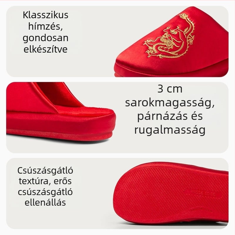 Piros esküvői papucs párnak – pamut otthoni papucs menyasszony és vőlegény számára, őszi-téli szezon