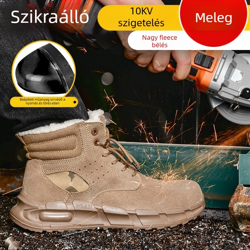Biztonsági munkacipő, ütés- és perforáció elleni, szigetelt, magas szárú, nubuk bőrrel és gumírozott talppal, műanyag lábujjvédő