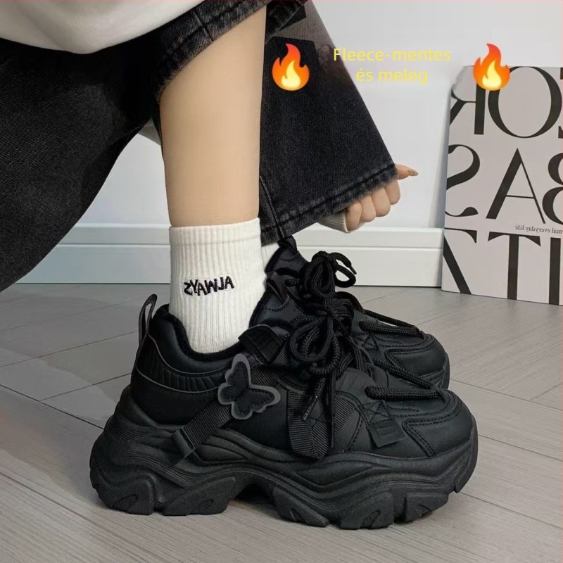 Női dad cipő fleece béléses, hálós felsőrész, gumitalpú platforma, 3–5 cm, fűzős zárás