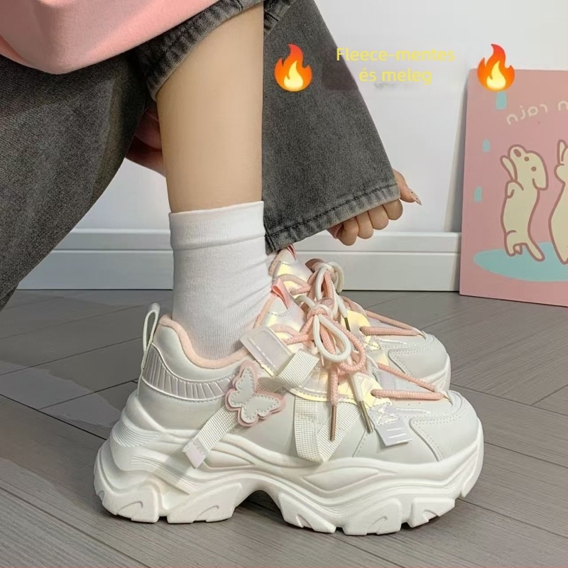 Női dad cipő fleece béléses, hálós felsőrész, gumitalpú platforma, 3–5 cm, fűzős zárás