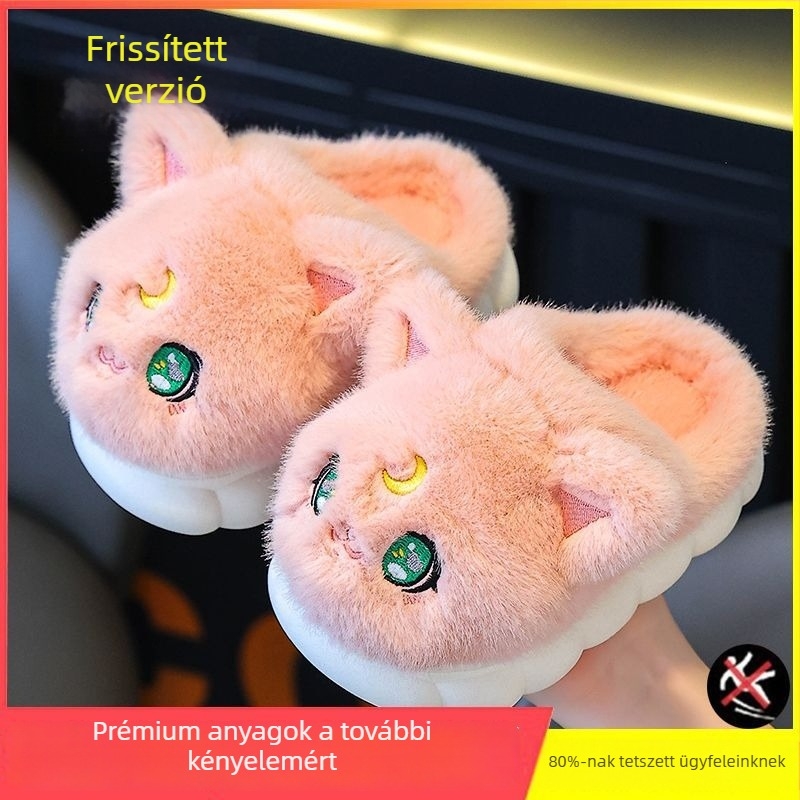 Téli fleece-bélésű pamut papucsok 1–3 éveseknek, pamut felsőrész, csúszásmentes PVC talp, macskás mintával