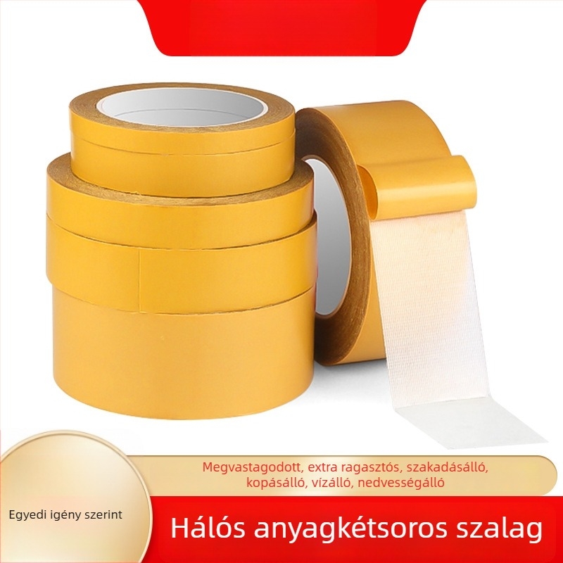 Textil alapú kétoldalas ragasztószalag szőnyeg rögzítéséhez — csúszásmentes, nagy tapadás, vastagság 0.25 mm, alap: polietilén háló rost alap, viszkozitás 600 N/m, leválasztó papír, papírmag