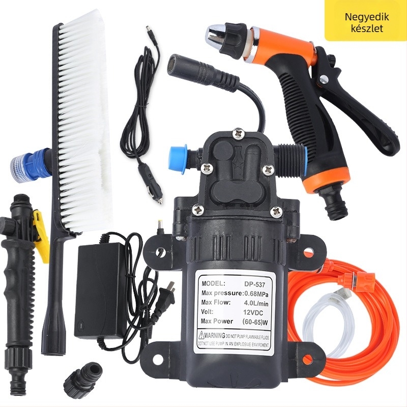 Mini diafragma pumpás autómosó, 12V, magasnyomású, hordozható, önszívó, Shunfa, tömeg 1,2 kg