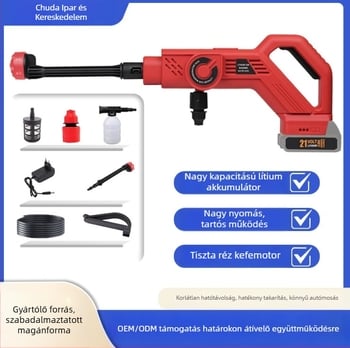 Vezeték nélküli autómosó permetezőpisztoly, hordozható, többfunkciós lítiumakkumulátoros mosó készülék otthoni használatra, magas nyomás 2.18 MPa, áramlás 6.3 L/min, 21V, max. 11A, súly 1.0 kg