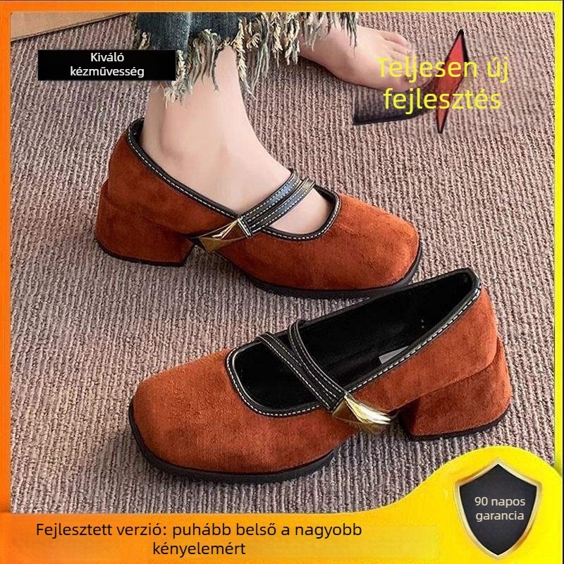 Bársony Mary Jane női cipő, slip-on, alacsony kiscica sarok