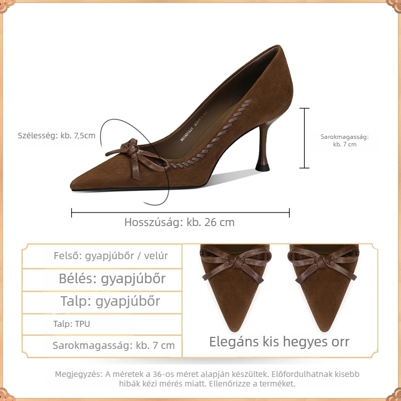 Magas sarkú cipő, hegyes orr, velúr felsőrész, vékony 6–8 cm sarok, gumi talp