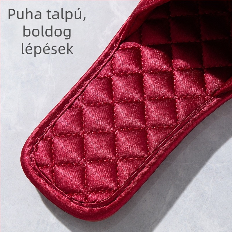 Női otthoni papucs szatén-selyem felsőrésszel, négyszögletes orral, lapos talppal, csúszásmentes, légáteresztő
