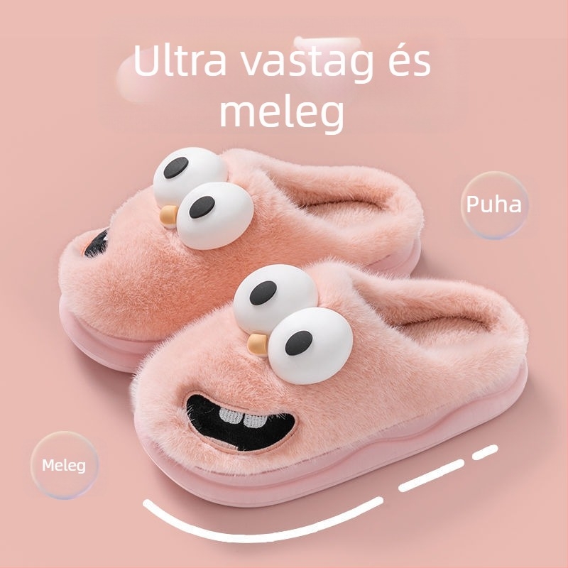 Téli plüss papucs vastag talppal, pamut béléses belsővel, beltéri anti-slip meleg papucsok férfiaknak és nőknek, rajzfilm motívummal