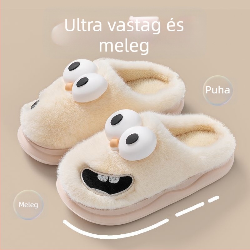 Téli plüss papucs vastag talppal, pamut béléses belsővel, beltéri anti-slip meleg papucsok férfiaknak és nőknek, rajzfilm motívummal