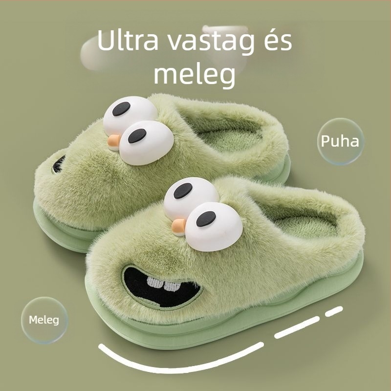 Téli plüss papucs vastag talppal, pamut béléses belsővel, beltéri anti-slip meleg papucsok férfiaknak és nőknek, rajzfilm motívummal