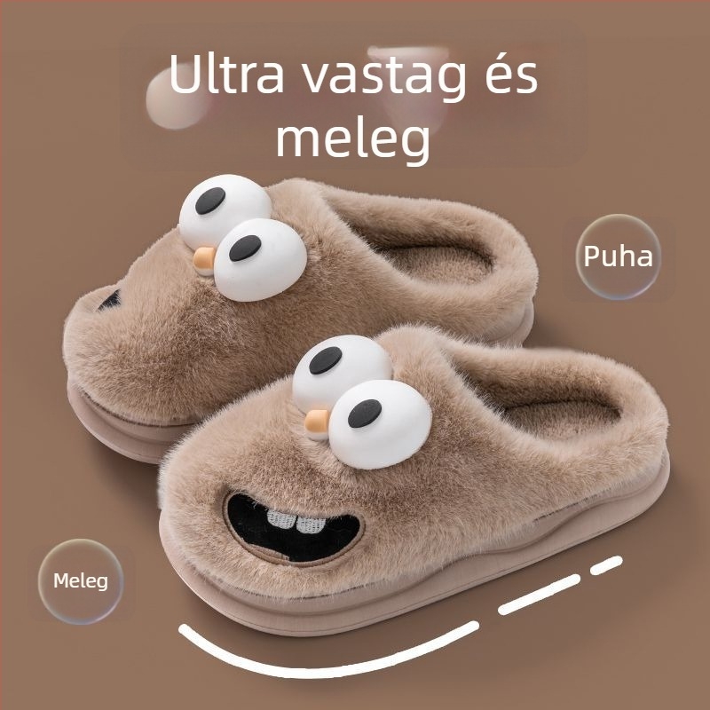 Téli plüss papucs vastag talppal, pamut béléses belsővel, beltéri anti-slip meleg papucsok férfiaknak és nőknek, rajzfilm motívummal