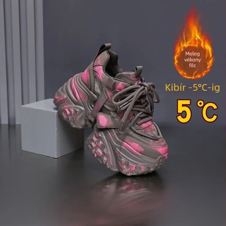 Női dad shoes 10 cm-es magasságnöveléssel, fleece-béléssel, légáteresztő, könnyű, casual cipők gumírozott talpú