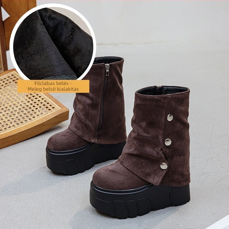 Női vastag talppal növelő magasságú csizma, középmagas szár, felső anyag split bőr, talp poliuretán, oldalsó cipzár, kerek orr, téli-ősz szezonban, 2026