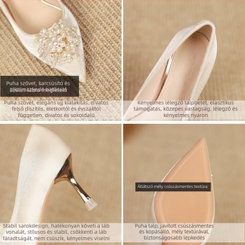 Női magas sarkú cipő, hegyes orr, satin felsőrész, 6–8 cm vékony sarok, belső műbőr talpbetét