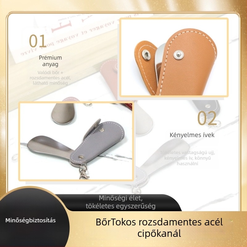 Xiebazi-7444 Fém cipőkanál bőrtokkal, Mini hordozható, Akasztóval ellátott dizájn, Irodalmi retró stílus