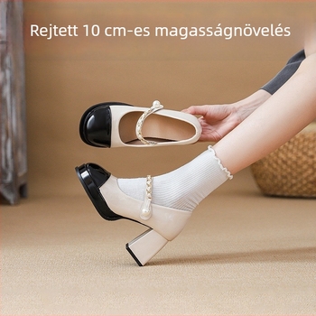 Női Mary Jane cipő, négyszögletes orral, felső anyaga: szuper rost, >8 cm magas vastag sarok, csattal záródó, gumírozott talp