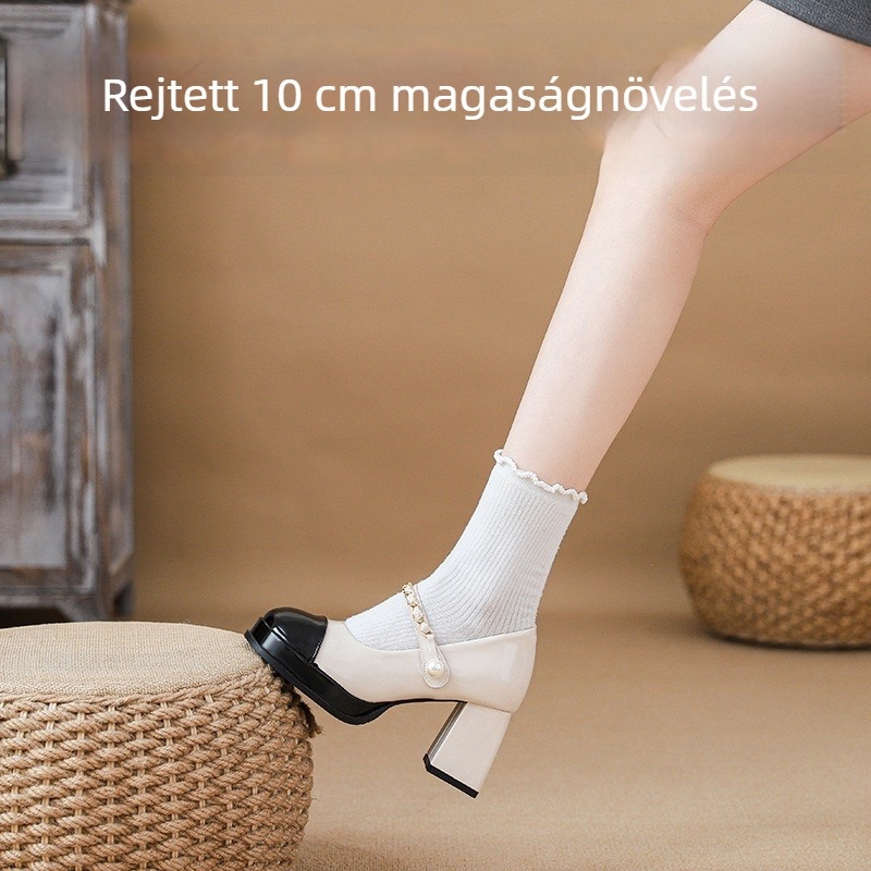 Női Mary Jane cipő, négyszögletes orral, felső anyaga: szuper rost, >8 cm magas vastag sarok, csattal záródó, gumírozott talp