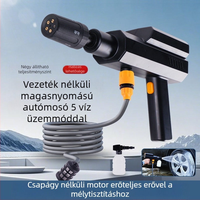 Hordozható, vezeték nélküli magasnyomású autómosó pisztoly, lítium akkumulátorral, 12V, 4 L/perc, 1,7 MPa, 5000 RPM (12V | Lítium Akkumulátor | 4 L/perc | 1,7 MPa | 5000 RPM)