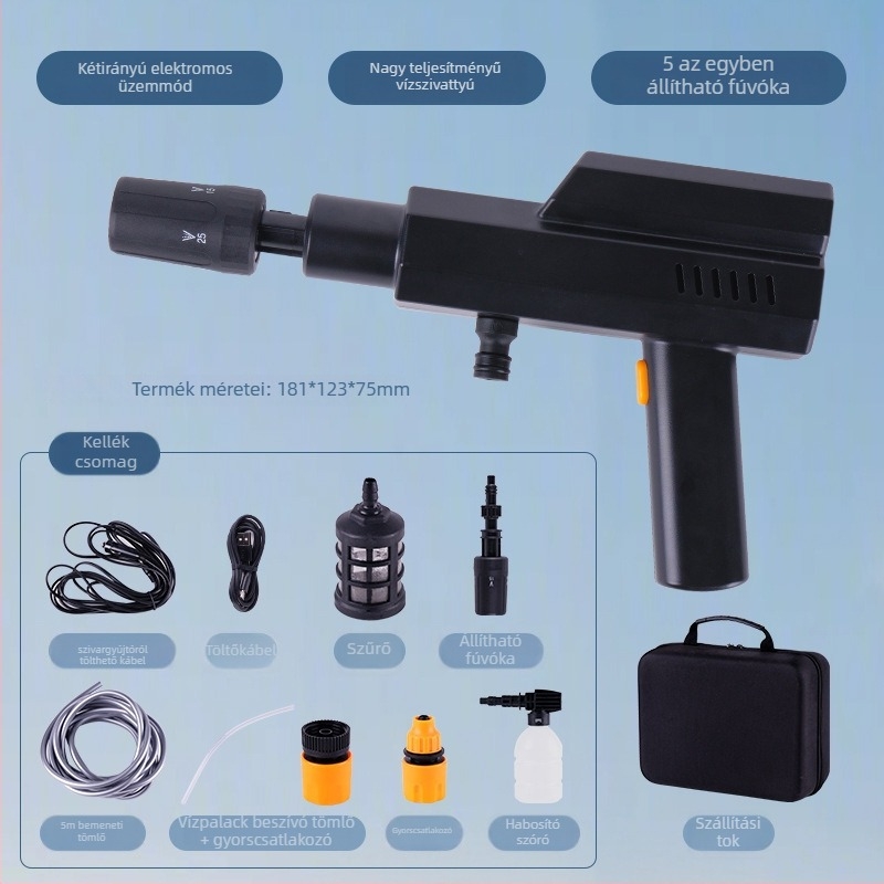 Hordozható, vezeték nélküli magasnyomású autómosó pisztoly, lítium akkumulátorral, 12V, 4 L/perc, 1,7 MPa, 5000 RPM (12V | Lítium Akkumulátor | 4 L/perc | 1,7 MPa | 5000 RPM)