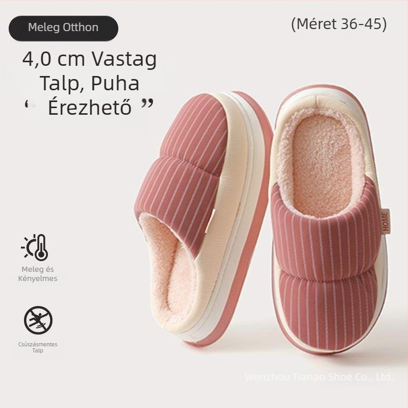 Papucs mesterséges plüss felsővel, EVA talppal, csíkos mintázat, talp vastagsága 0–3 cm, sík talp