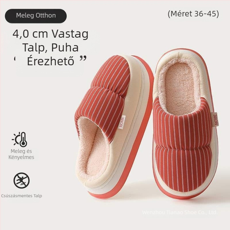 Papucs mesterséges plüss felsővel, EVA talppal, csíkos mintázat, talp vastagsága 0–3 cm, sík talp