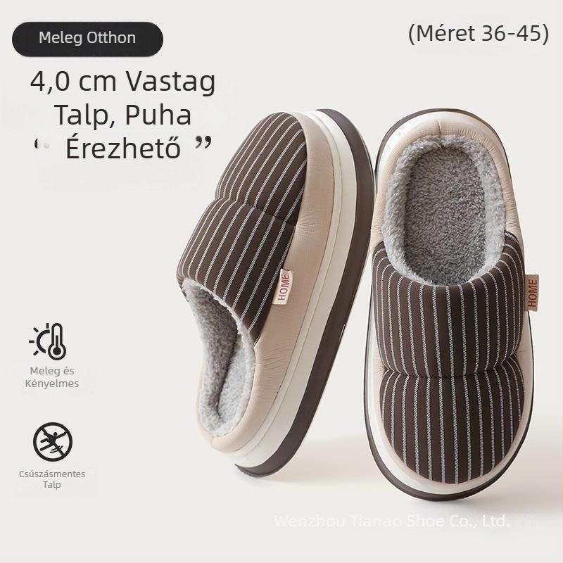 Papucs mesterséges plüss felsővel, EVA talppal, csíkos mintázat, talp vastagsága 0–3 cm, sík talp