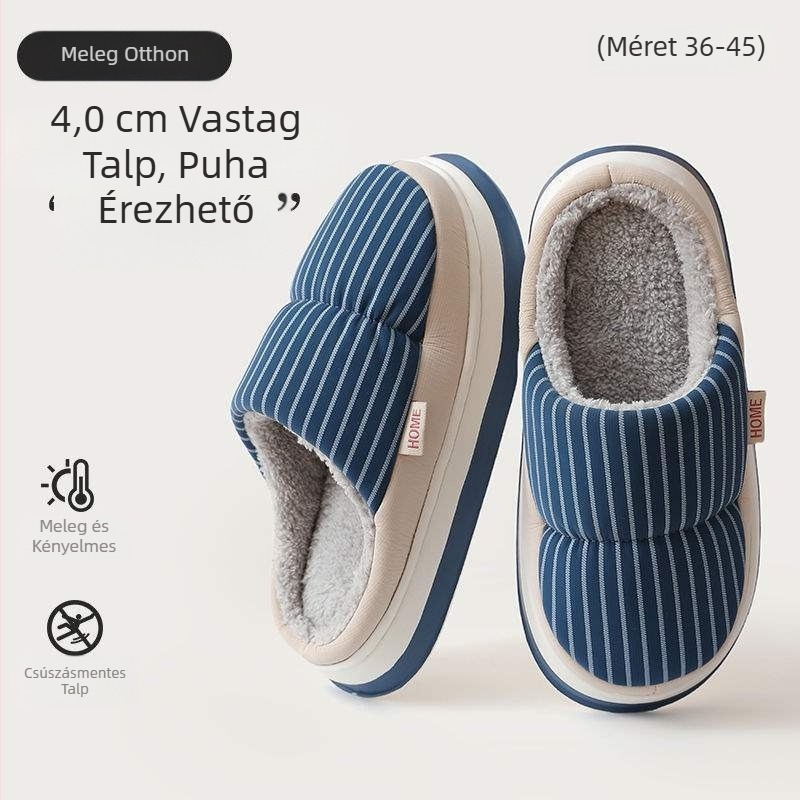 Papucs mesterséges plüss felsővel, EVA talppal, csíkos mintázat, talp vastagsága 0–3 cm, sík talp