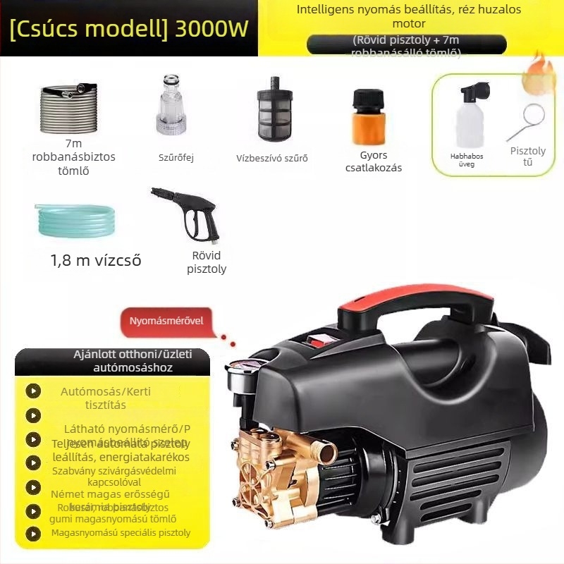 Hordozható magasnyomású autómosó készülék, brushless motor, tiszta réz, 220V, legfeljebb 10 MPa, bemeneti teljesítmény ≤10 kW