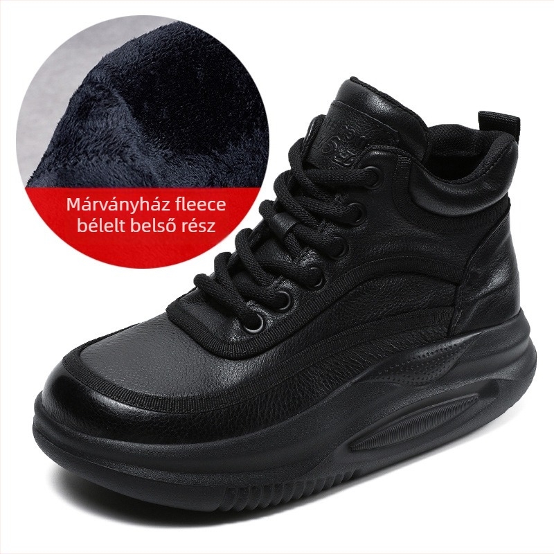 Női platform cipők, magas szárú, első réteg marhabőrből, 3-5 cm sarkú, gumihabos talp, előre fűző, hálós bélés