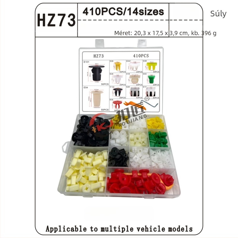 Autó fényszóró módosító klipek – dobozos készlet 410 db., Buckler HZ73-410PCS, műanyag és nylon csipeszek