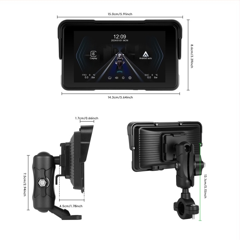 Motorkerékpár kijelző CarPlay-vel és TPMS-sel, gyorskioldó tartóval, vízszintes orientáció, univerzális, Fox hunter 502
