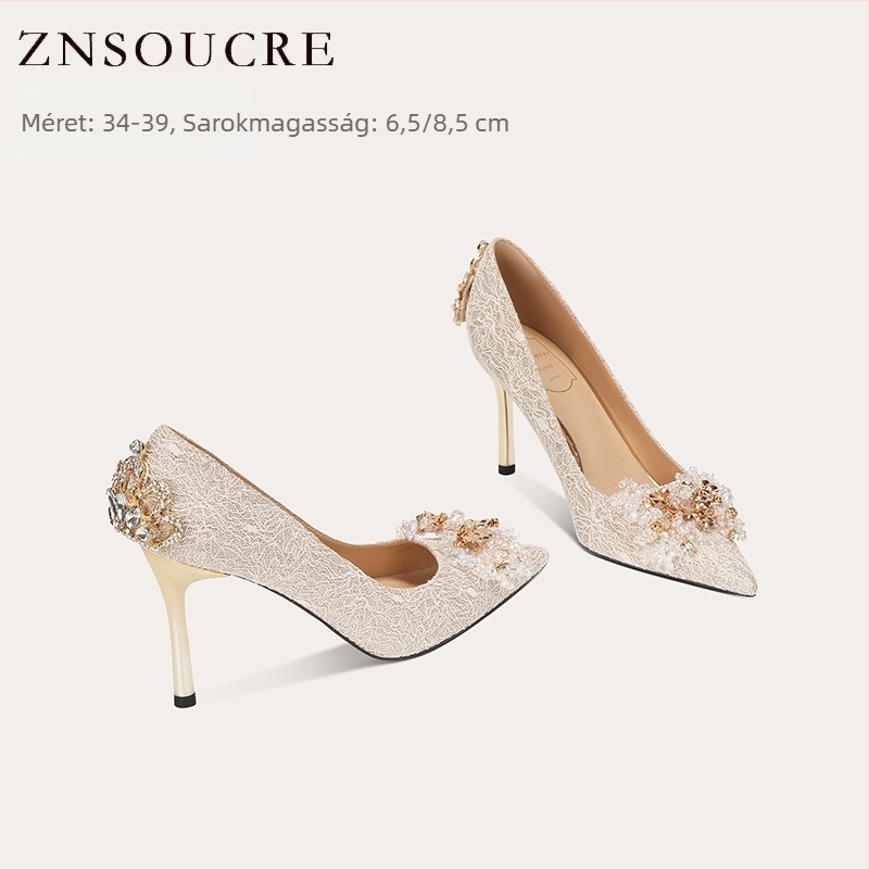 Bálcipők – hegyes orrú, stiletto sarok, sarokmagasság 6-8 cm, csillogó vamp, mikroszálas bélés