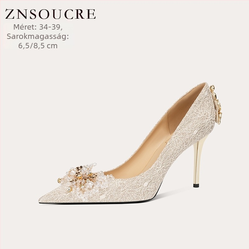 Bálcipők – hegyes orrú, stiletto sarok, sarokmagasság 6-8 cm, csillogó vamp, mikroszálas bélés