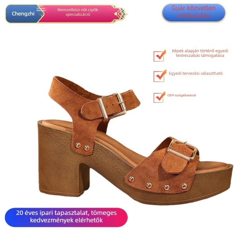 Női pántos szandál csattal, platformmal, középmagas sarkú 3–6 cm, felsőrész juh velúr, belső PU + gumitalp