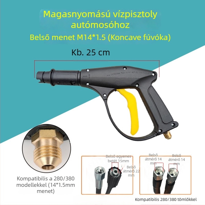 Magasnyomású vízpisztoly tisztításhoz — fej és fogó rész mérnöki műanyagból, hosszú sugár, nagy víznyomás, alkalmas autómosásra, virágok öntözésére és ablakok tisztítására