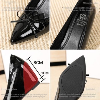 Női cipő hegyes orral, slip-on modell, felső része patent bőr, 6–8 cm sarok, gumitalp