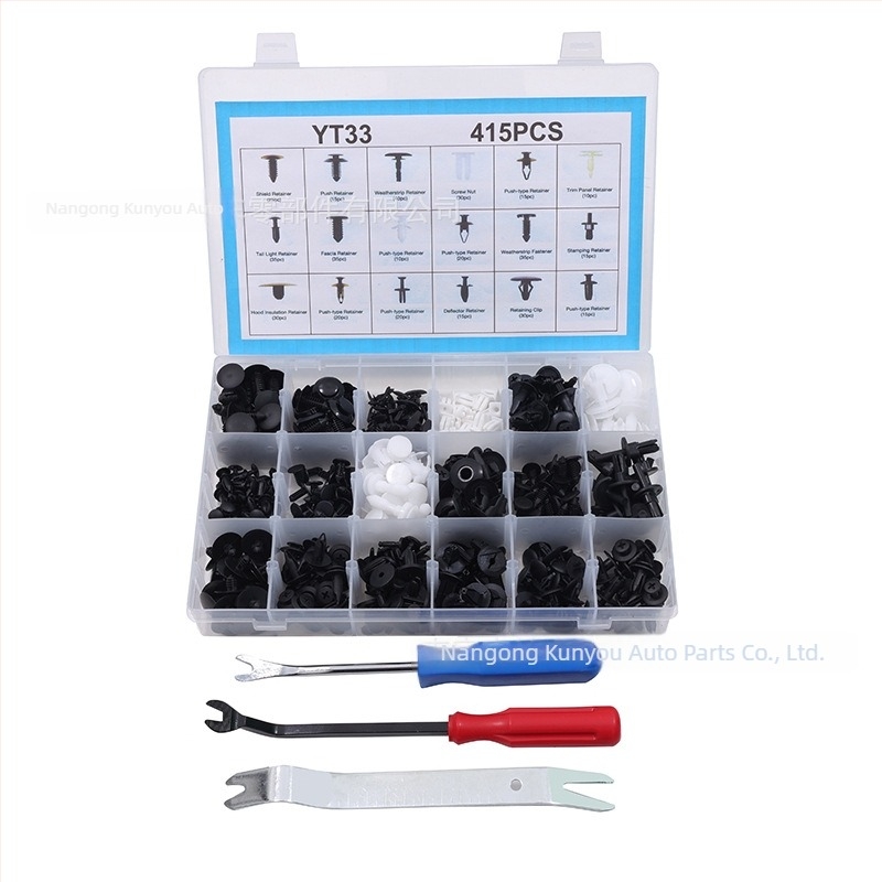 KY33 415 darabos készlet autóajtópanelekhez, liner csavarok, expanziós szegecsek, nylon szegecsek a lökhárítóhoz és a karosszériához