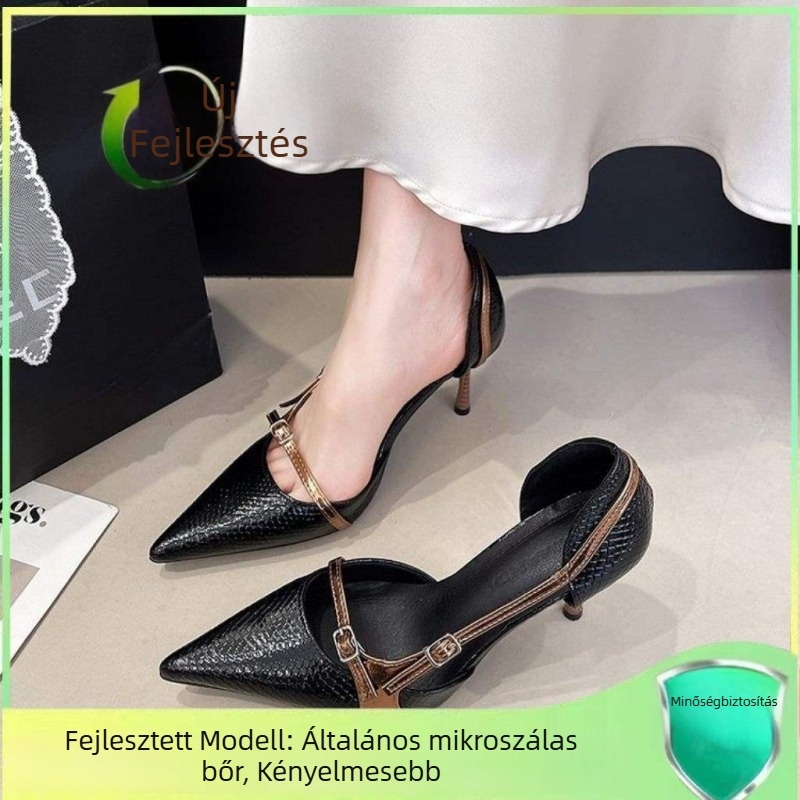 Női cipő hegyes orral, slip-on, alacsony cicás sarok, PU felső rész, gumírozott talp