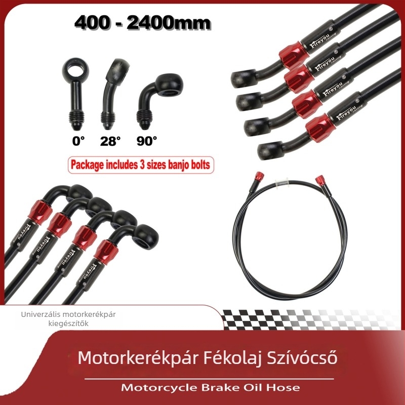 Motorkerékpár fékcső, univerzális, M10 és AN3 csatlakozókkal, magasnyomású merev tömlő, többirányú hajlathatóság, levehető, 4 véggel